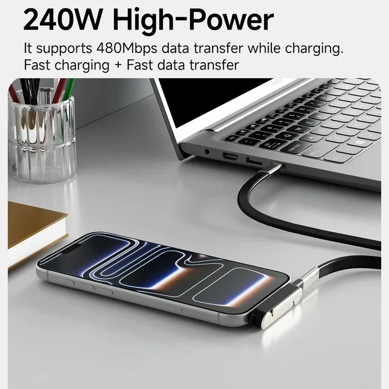 USB-C Flat Charging Cable 240W with Foldable Phone Stand USB-C Charging Cable PLUSH
