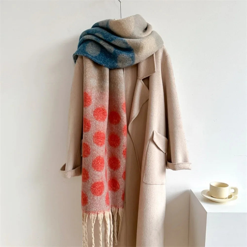 Vintage Polka Dot Faux Cashmere Scarf – Tassel Wrap Shawl Scarf & Wrap Shawl PLUSH Orange-Blue