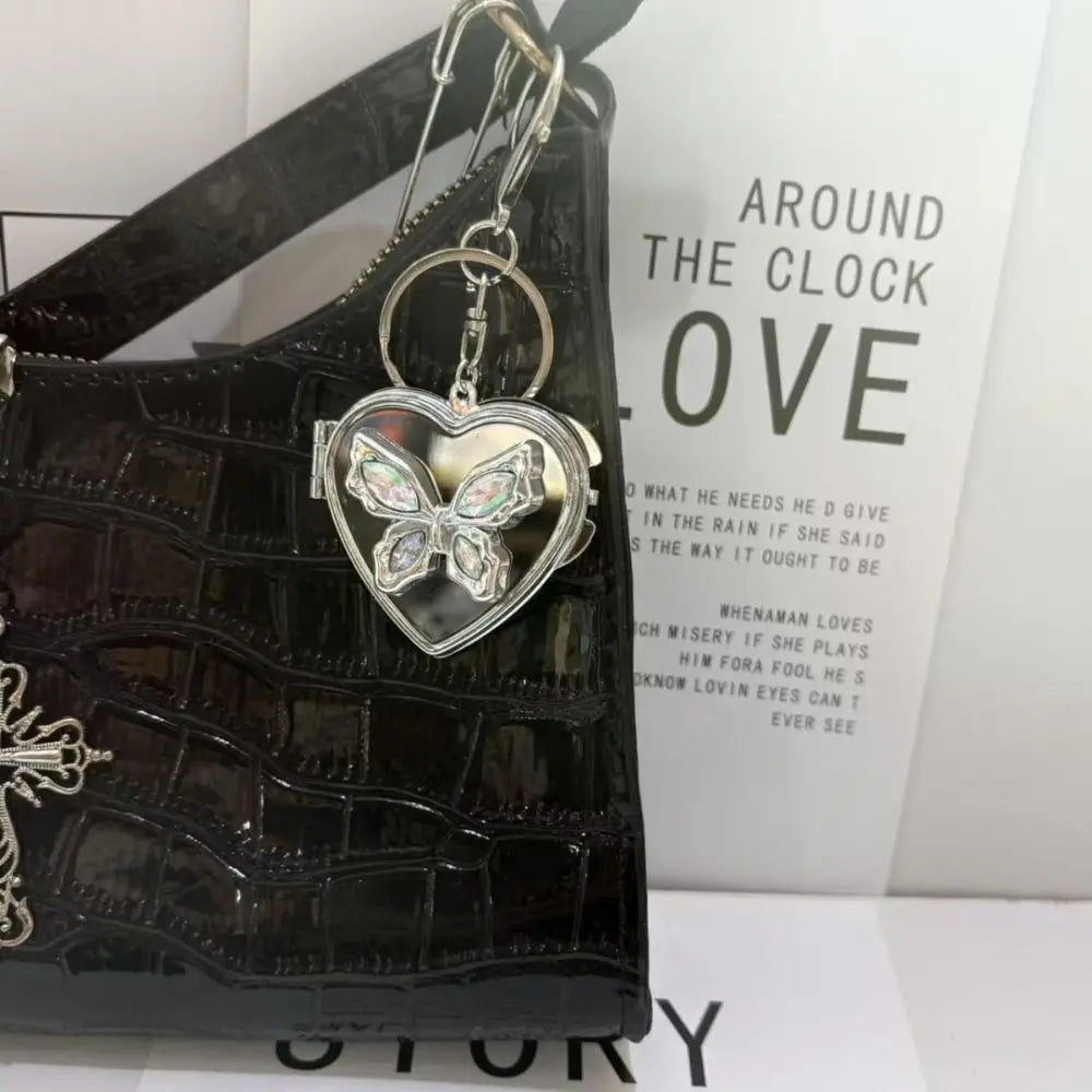 Y2K Bow Heart Mirror Keychain – Double Sided Compact Pendant Mirror Keychain PLUSH