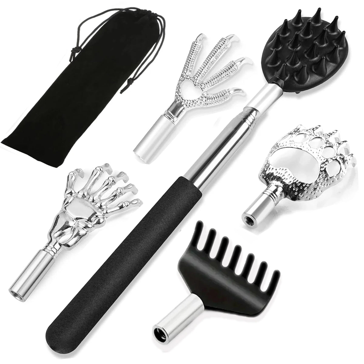 Telescoping Back Scratcher 3/5 Detachable Heads – Extendable Back Scratcher Tool PLUSH 5 in 1 With Bag