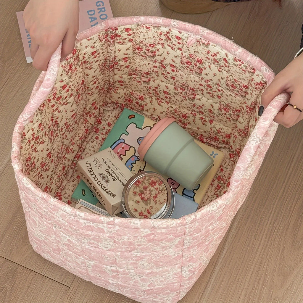 Foldable Floral Cotton Storage Basket – 4 Colors | 32x26x25cm Foldable Storage Basket PLUSH Pink 32x26x25cm