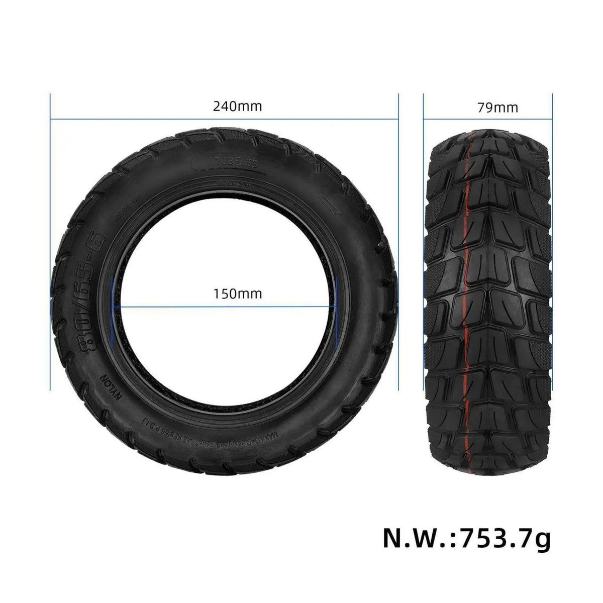 10 Inch Tubeless Electric Scooter Tire – Nylon Rubber 80/65-6.5 Scooter Tubeless Tire PLUSH