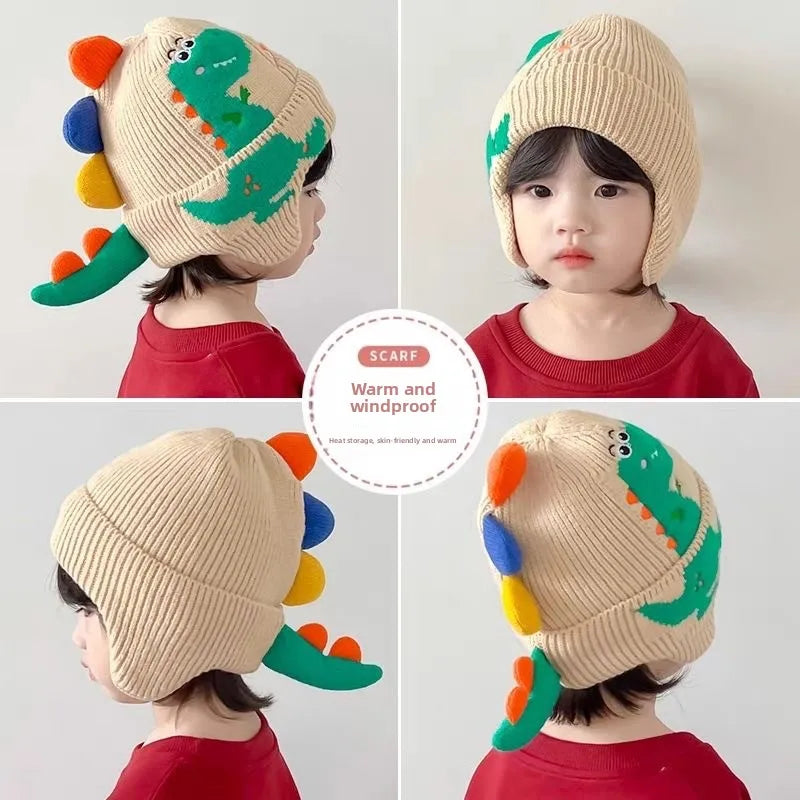 Kids Knitted Dino Beanie with Ear Flaps | Windproof Winter Hat Kids Winter Beanie PLUSH