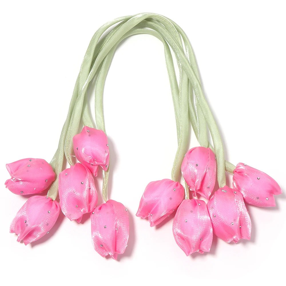 5pcs Satin Tulip Flower Strings Rhinestone DIY Hair & Garment Fabric Flower Trim PLUSH deep pink