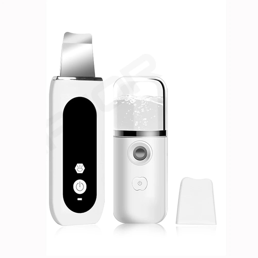 Ultrasonic Skin Scrubber – Facial Spatula & Deep Pore Cleanser Facial Cleansing Device PLUSH white add sprayer