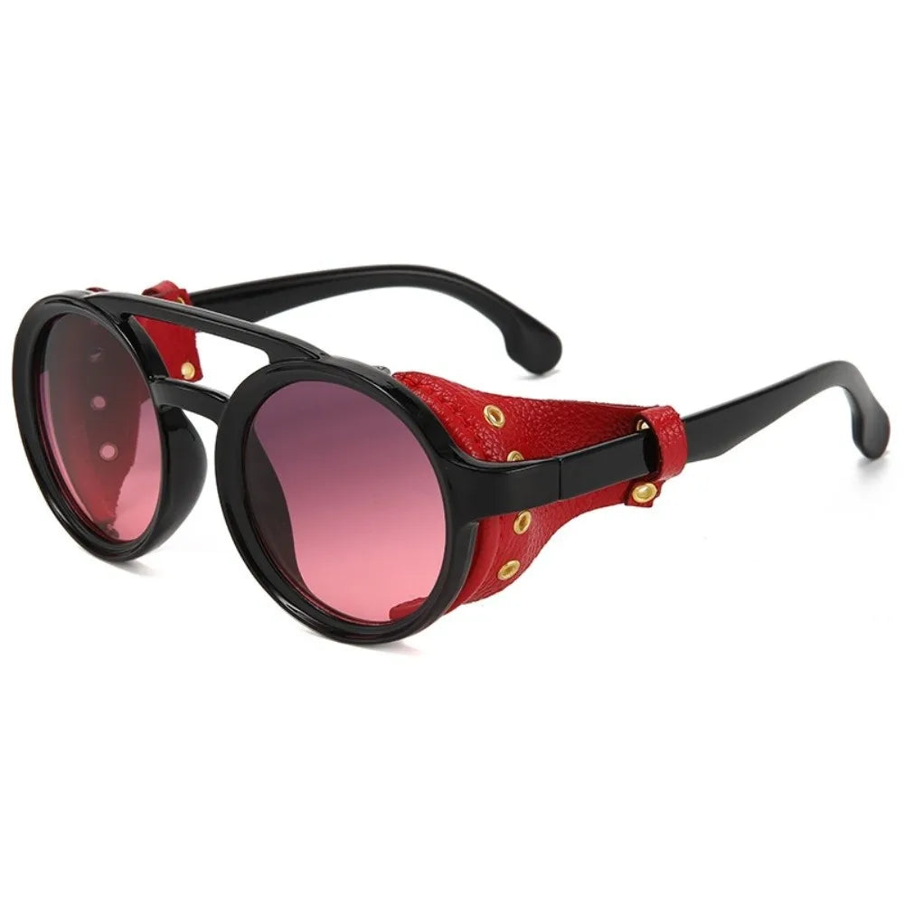 Retro Round Steampunk Sunglasses | Leather Side Shields Steampunk Sunglasses PLUSH Style C