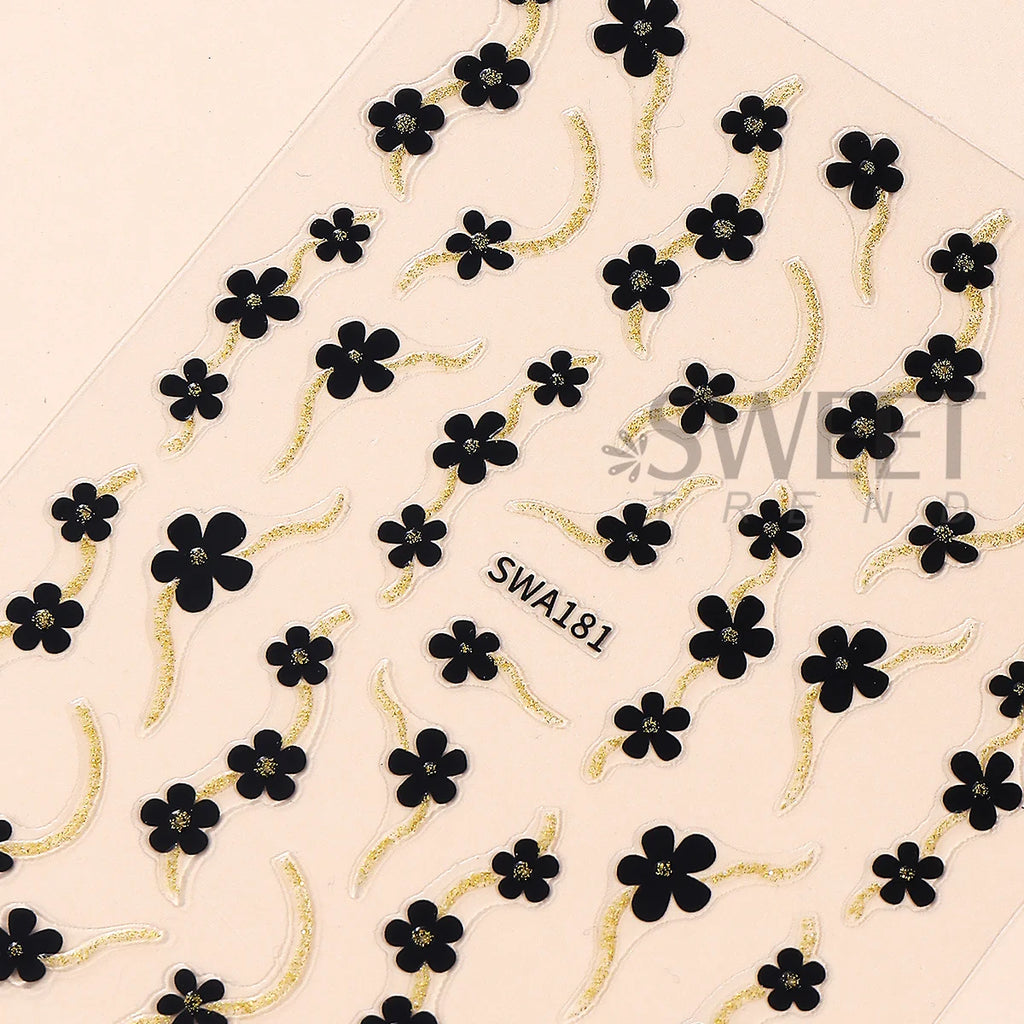 3D Floral Nail Glitter Stickers – Black White Gold Silver Decals Nail Art Stickers PLUSH