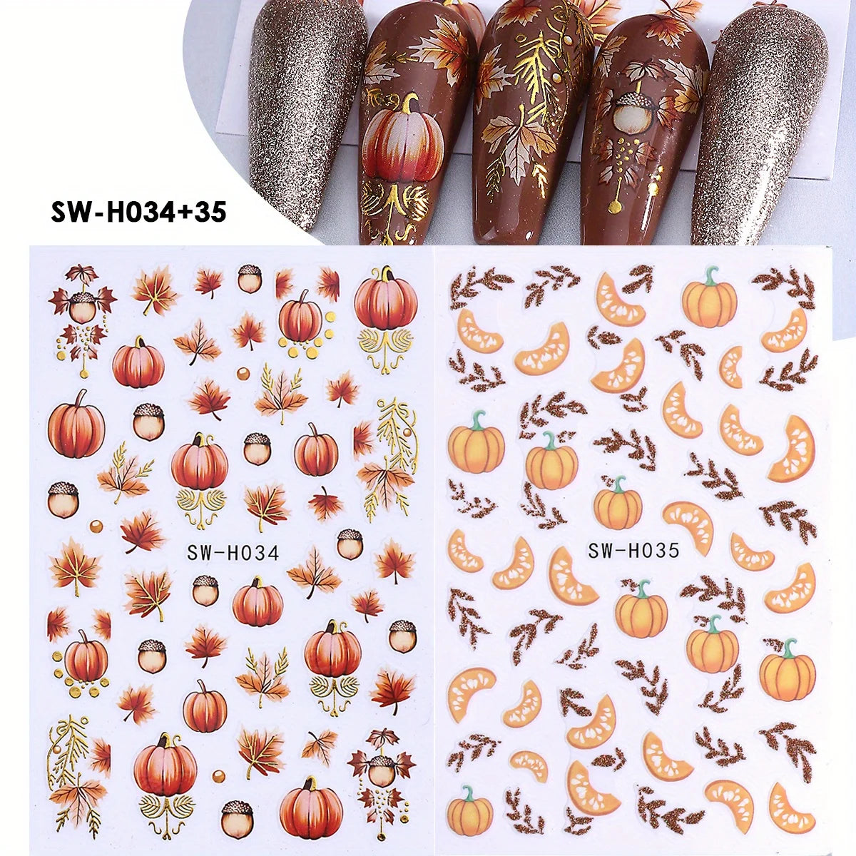 Glitter Autumn Nail Stickers – Pumpkin & Maple Leaves 2 Sheets Nail Art Stickers PLUSH SW-H034-35