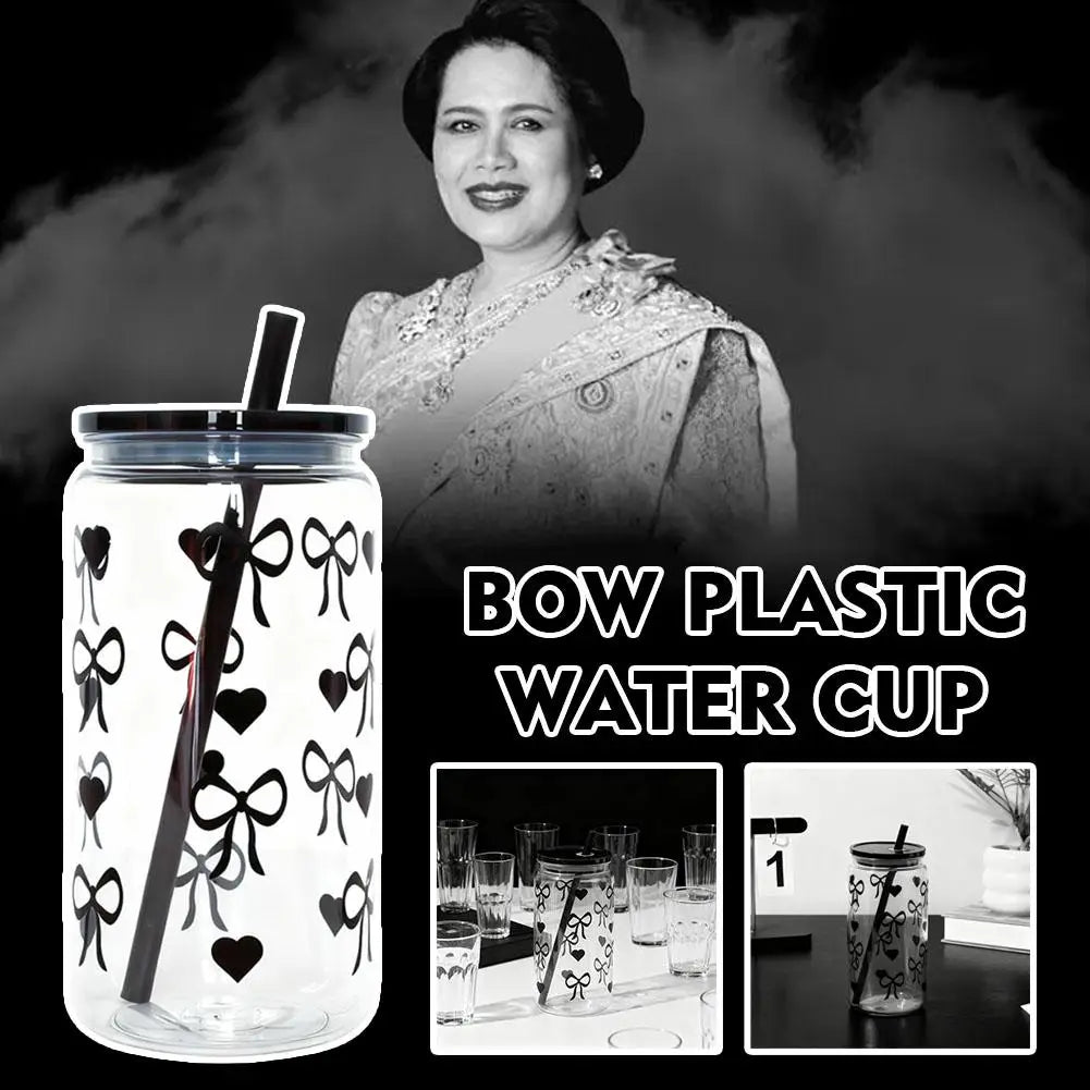 500ml Black Bow-Shaped Plastic Cup with Lid & Straw Plastic Straw Cup PLUSH