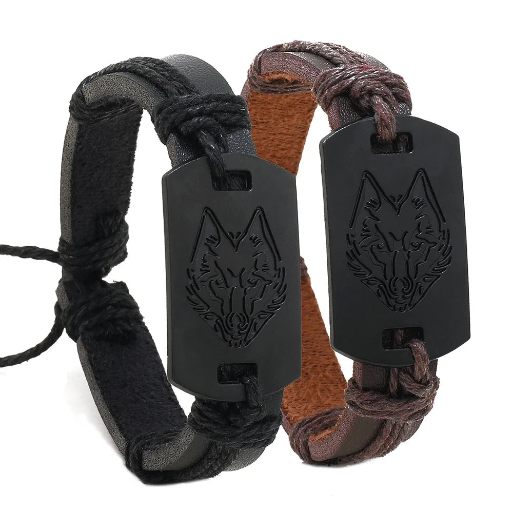 Men's Retro Wolf Charm Leather Bracelet – Adjustable Black Leather Charm Bracelet PLUSH