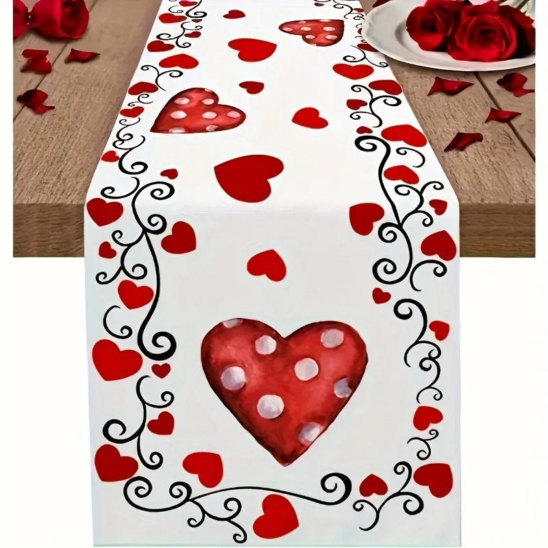 Valentine's Day Tablecloth – Red Heart & Polka Dot Print Holiday Tablecloth PLUSH A 33X183Cm