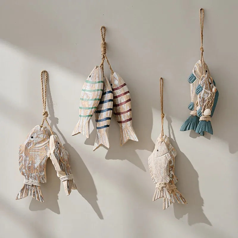 Rustic Wooden Fish Wall Hanging Set – Nautical Coastal Décor Wall Hanging Decor PLUSH
