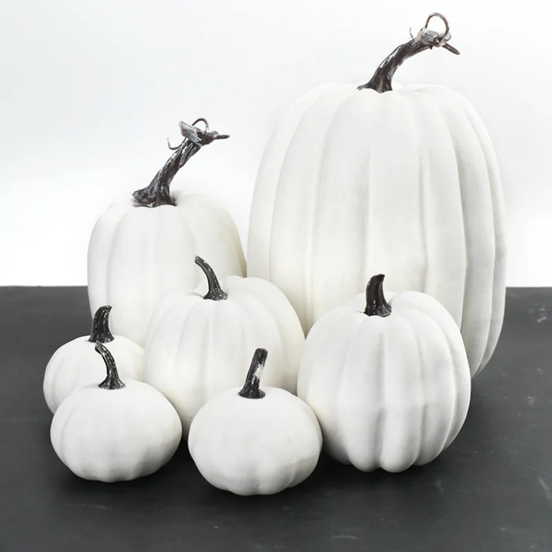 7-Piece Artificial White & Yellow Pumpkin Decor Set | Fall Halloween Artificial Pumpkin Decor PLUSH White-1Bag