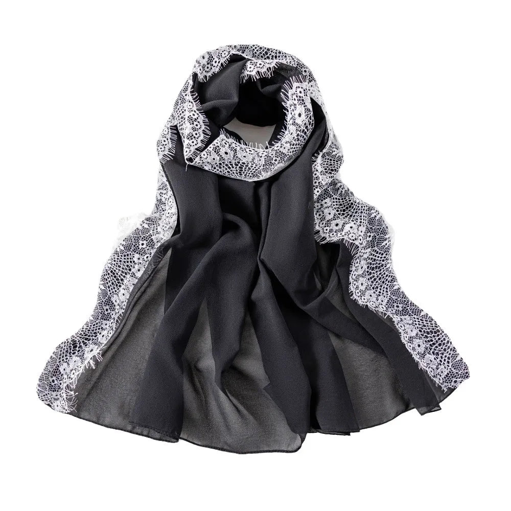 Women's Chiffon Hijab Scarf – Soft Lace Trim Long Shawl Wrap Hijab Head Scarf PLUSH Black White