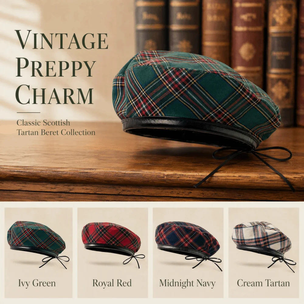 Tartan Plaid Beret Y2K Drawstring Newsboy Cap – Retro Green Hat Beret Newsboy Cap PLUSH