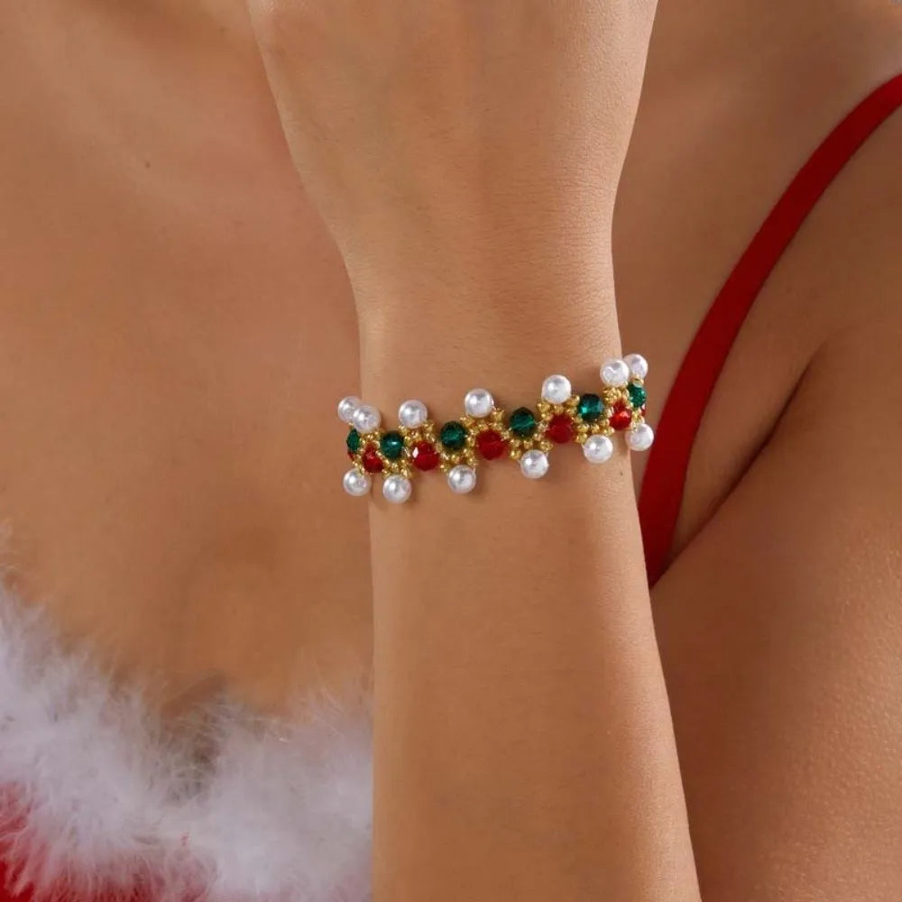 Christmas Beaded Bracelet – Red Green Faux Pearl & Crystal Bangle Beaded Bracelet PLUSH