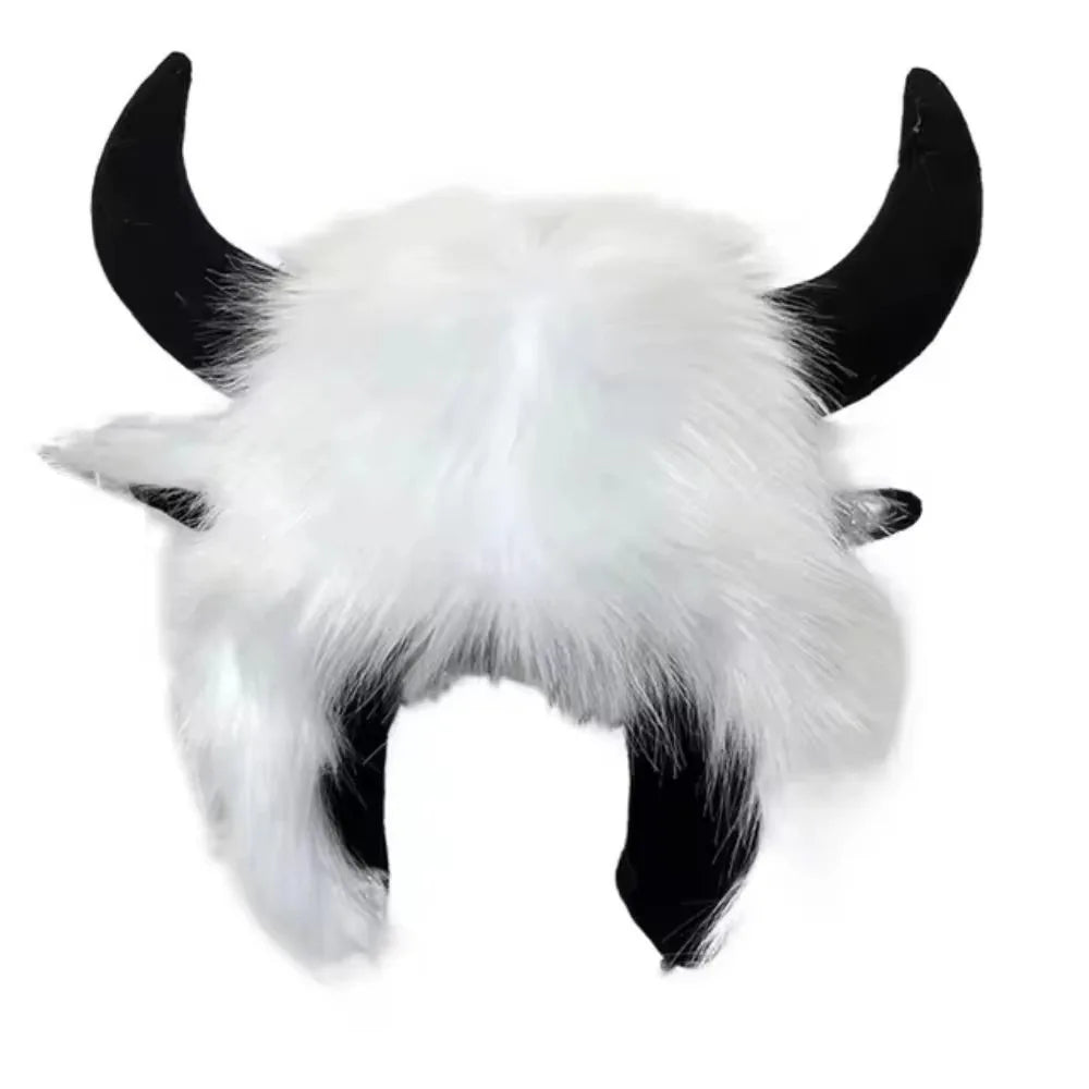 Vintage Ox Horn Lei Feng Cap – Fluffy Fur Trim Thermal Hat Winter Ear Flap Hat PLUSH White