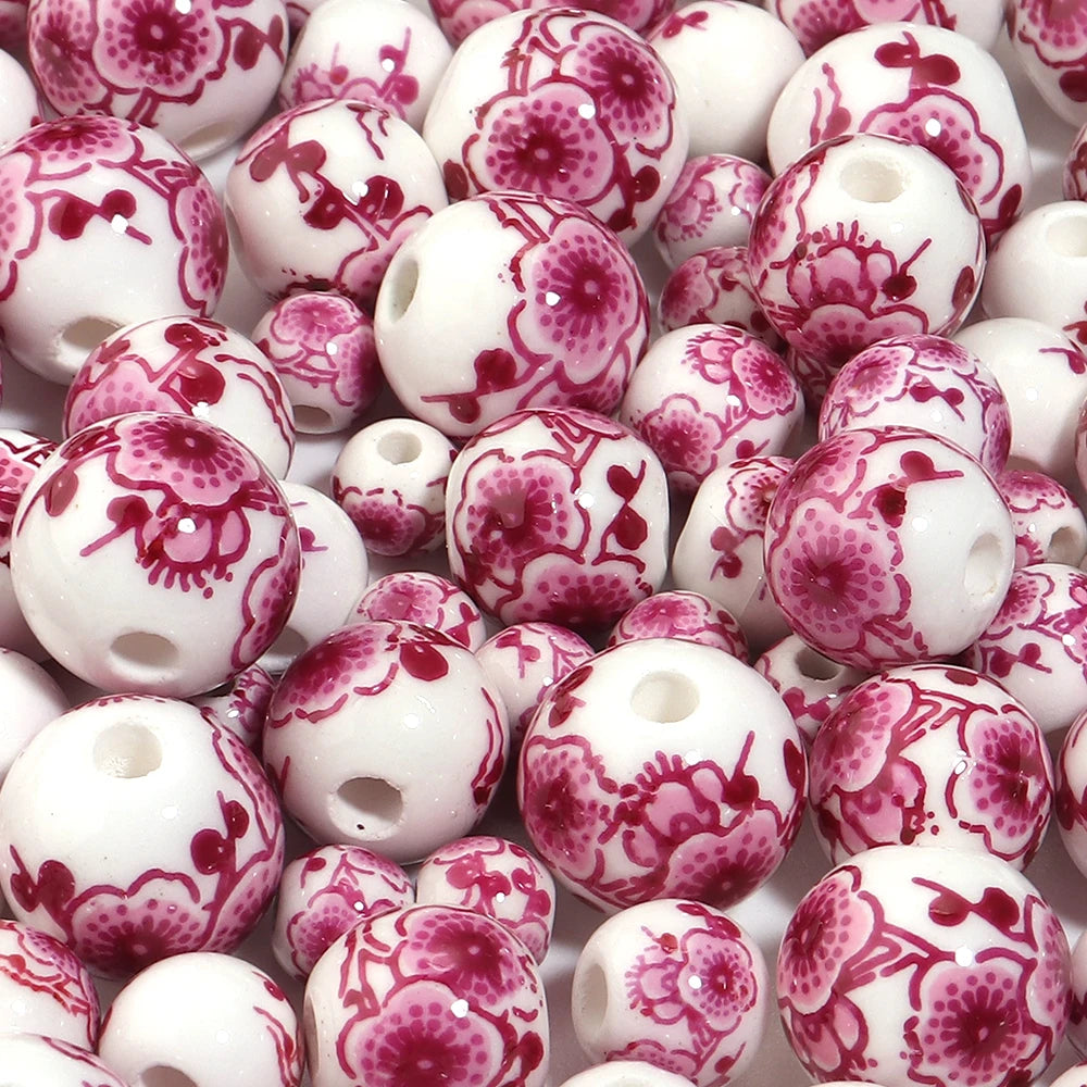 Hot Pink Plum Blossom Ceramic Beads – DIY Jewelry 6–12mm Ceramic Spacer Beads PLUSH