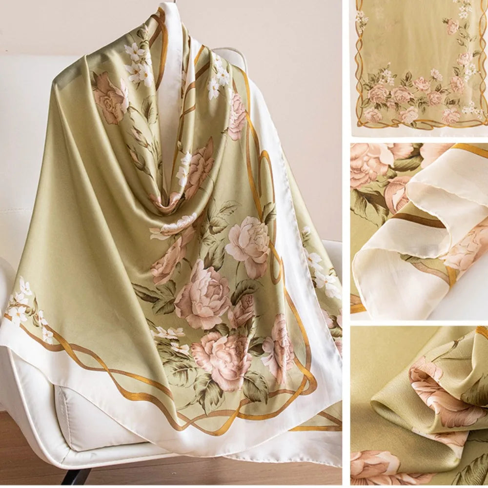 Women's Silk Chiffon Scarf – Lotus Print Shawl Wrap | 180cm Silk Chiffon Scarf PLUSH Style15