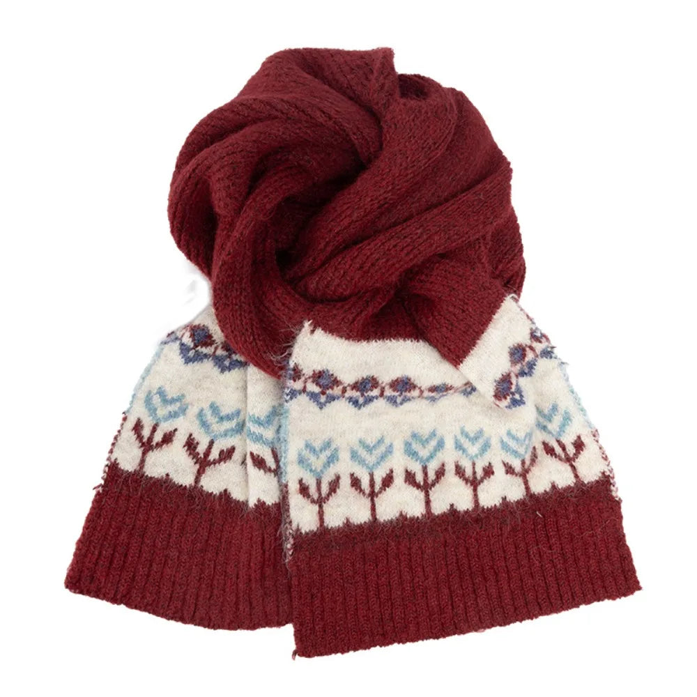 Women's Fair Isle Jacquard Knitted Scarf – Floral Winter Shawl Knitted Winter Scarf PLUSH Dark Red