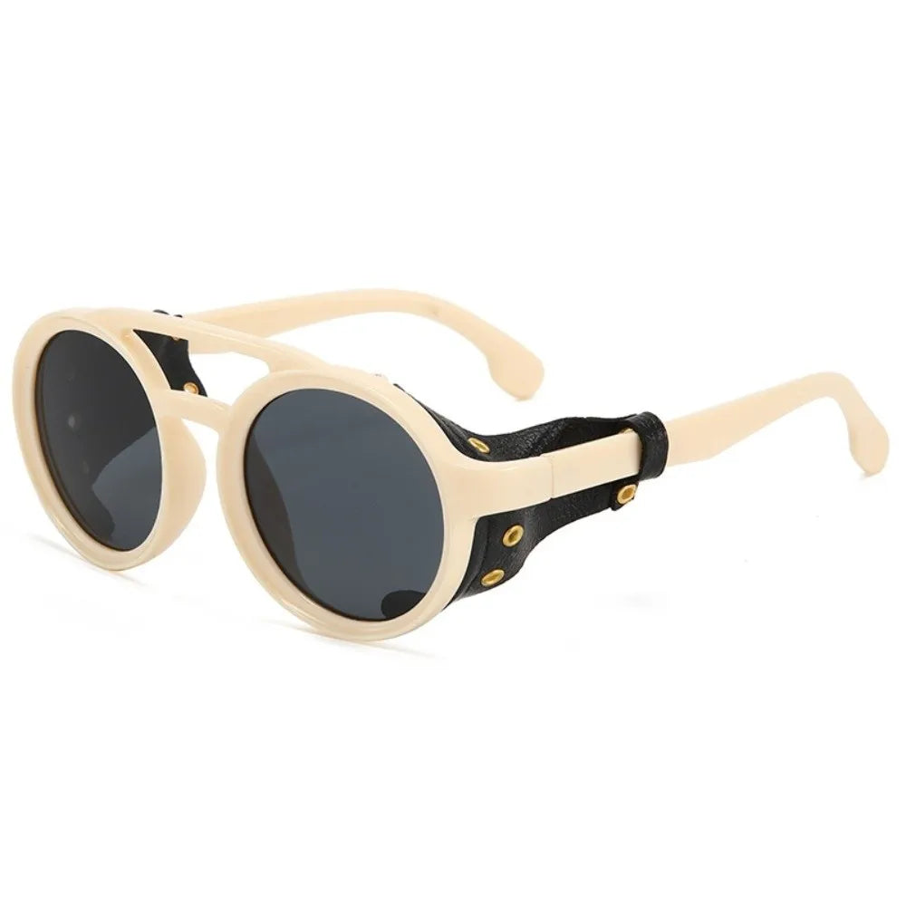 Retro Round Steampunk Sunglasses | Leather Side Shields Steampunk Sunglasses PLUSH Style B
