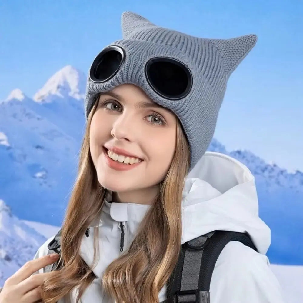 Women's Windproof Knit Ski Mask Hat with Removable Glasses Knit Ski Mask Hat PLUSH