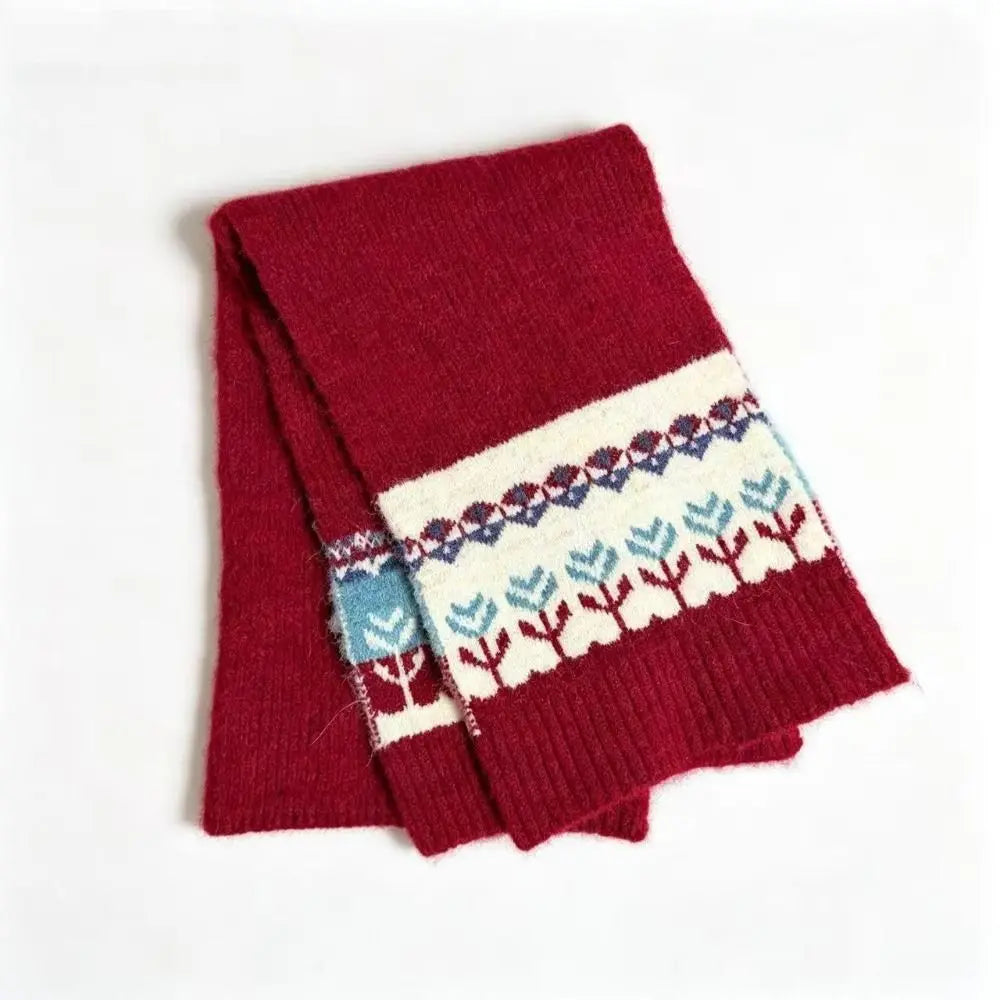Women's Fair Isle Jacquard Knitted Scarf – Floral Winter Shawl Knitted Winter Scarf PLUSH