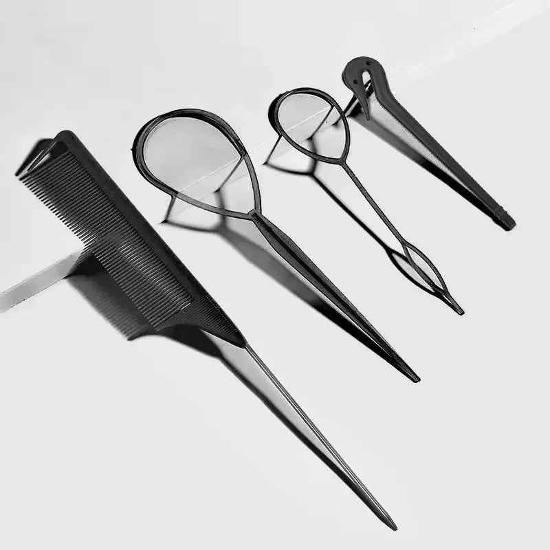 Hair Styling Set – Rubber Bands, Cutter & Rat Tail Comb Kit Hair Styling Kit PLUSH Black 4Pcs Set