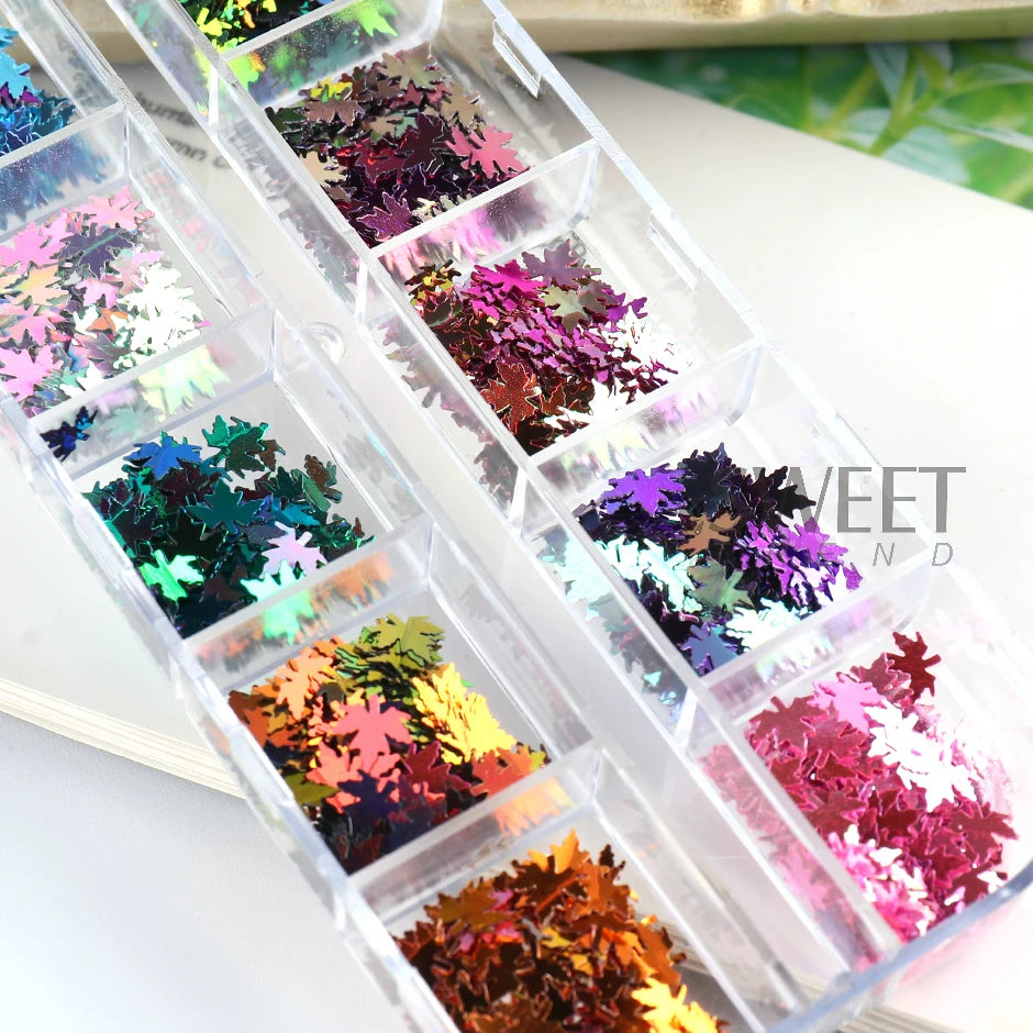 12-Grid Maple Leaf Nail Art Sequins – Fall Glitter Flakes Set Nail Art Sequins PLUSH