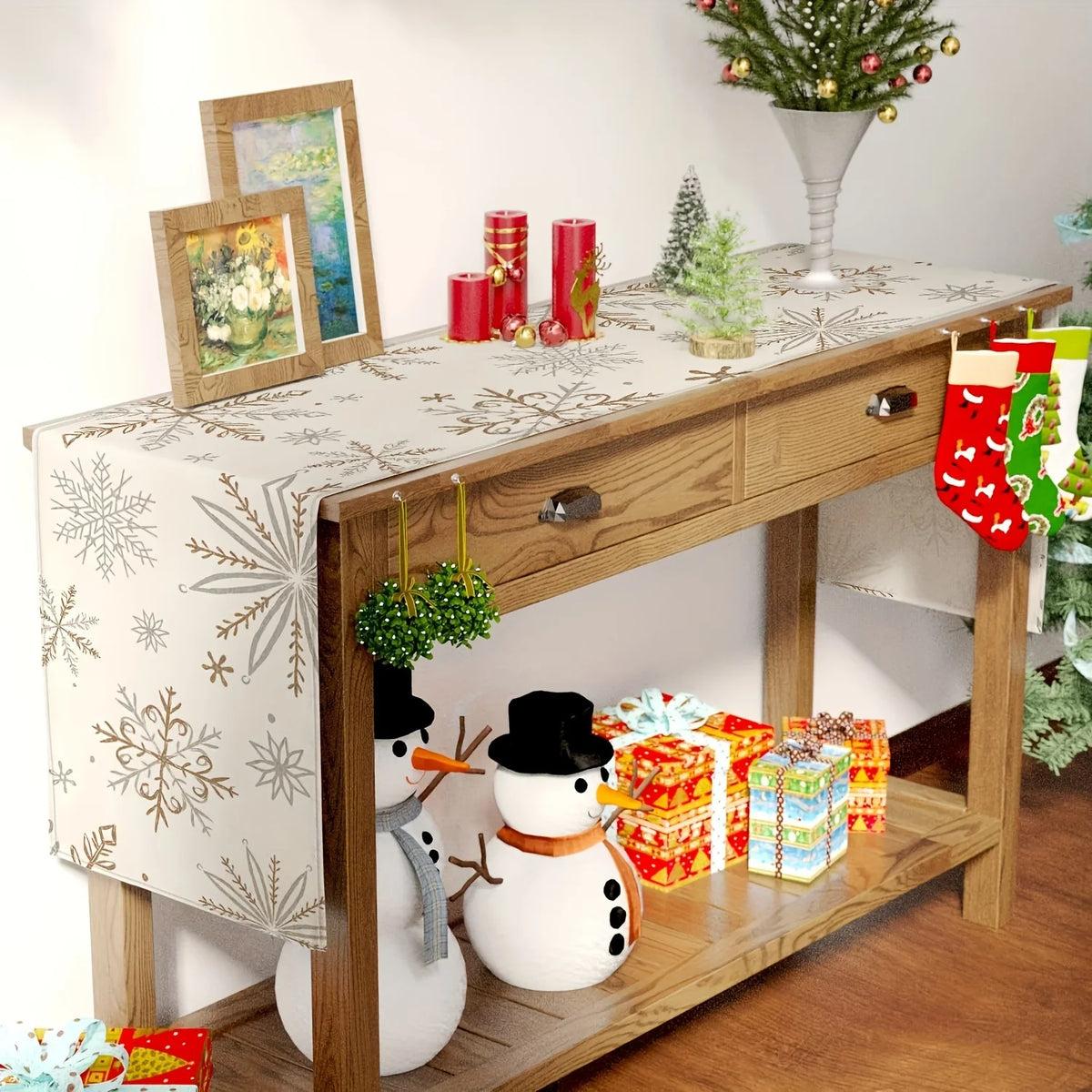 Snowflake Christmas Table Runner – Gold & Silver Off-White Christmas Table Runner PLUSH