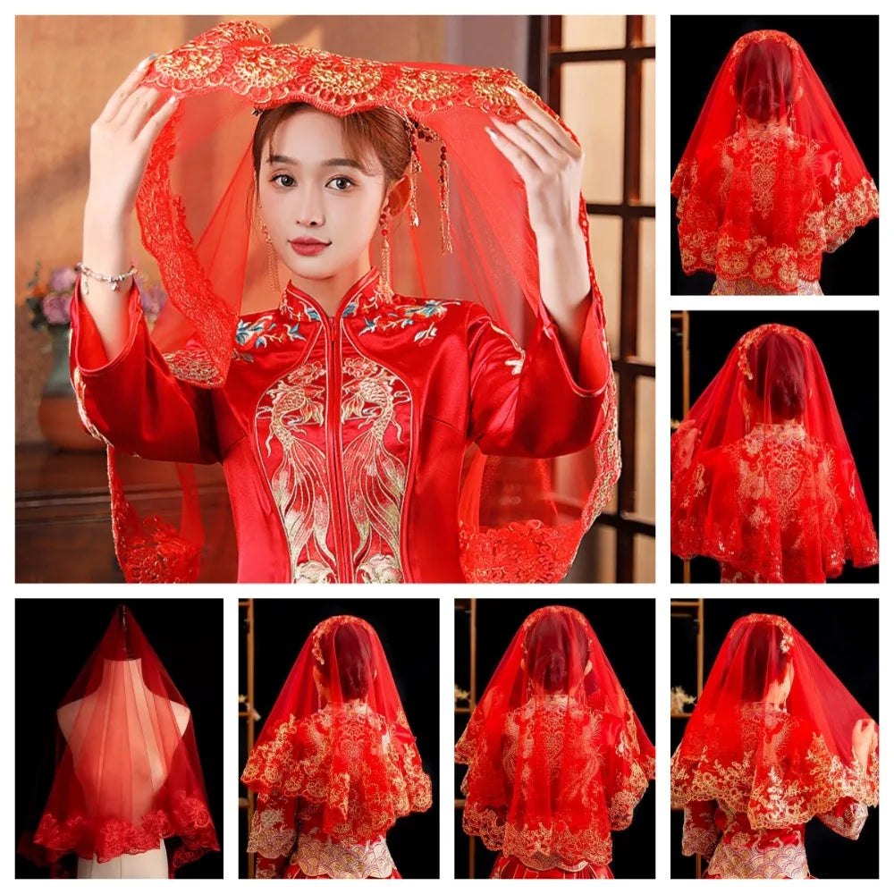 Red Gold Embroidery Bridal Veil – Lace Chinese Wedding Head Cover Bridal Veil PLUSH