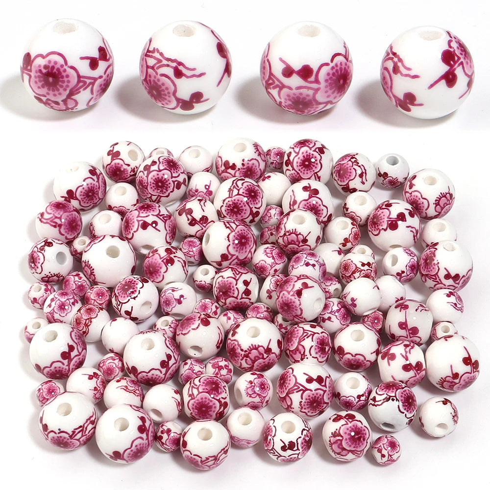 Hot Pink Plum Blossom Ceramic Beads – DIY Jewelry 6–12mm Ceramic Spacer Beads PLUSH