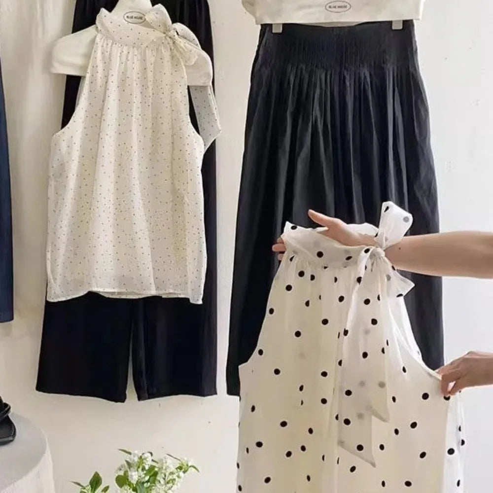 Women's Y2K Polka Dot Bow Sleeveless Chiffon Top | Retro Shirt Sleeveless Chiffon Top PLUSH