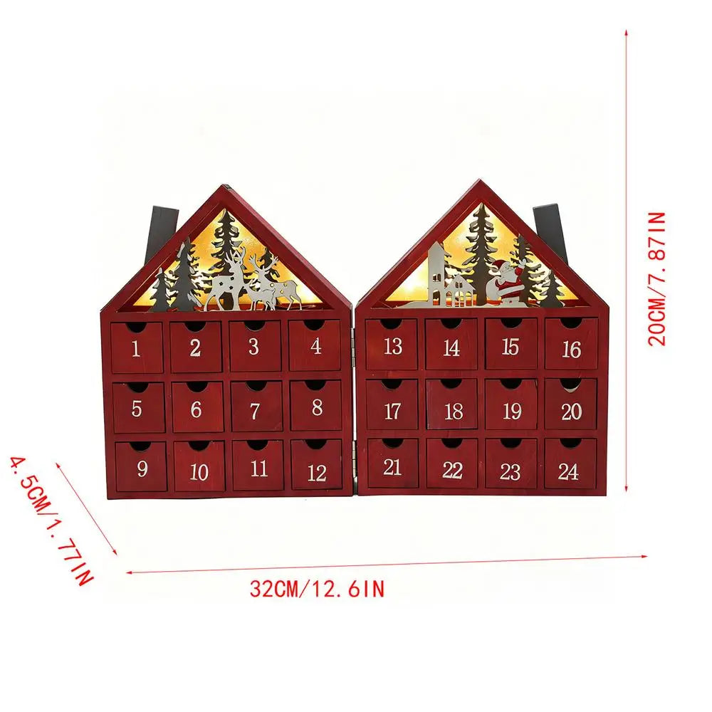 Wooden Christmas Advent Calendar 24 Drawers LED Village House Advent Calendar PLUSH Red 1PC