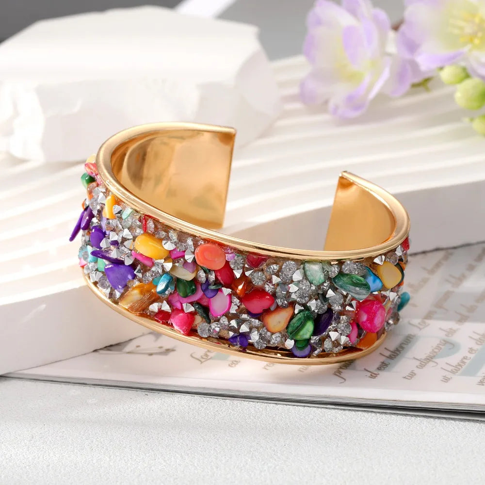 Bohemian Wide Open Cuff Bangle – Rhinestone Stone Bracelet Cuff Bangle Bracelet PLUSH Multicolor