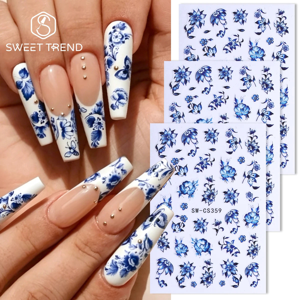 3pcs Blue White Porcelain Nail Stickers – Chinese Floral Decals Nail Art Stickers PLUSH