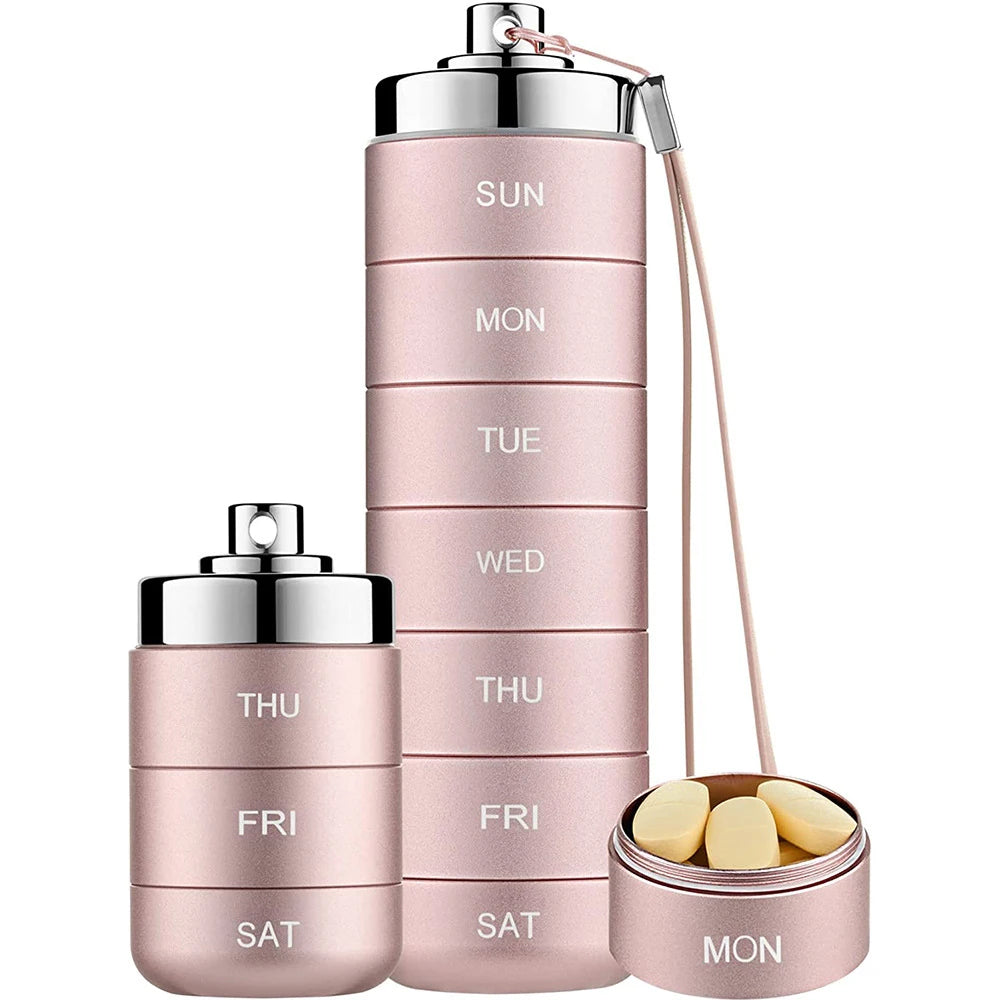 Metal Weekly Pill Organizer – Waterproof Travel Pill Case Pill Organizer PLUSH 01 ROSE Gold