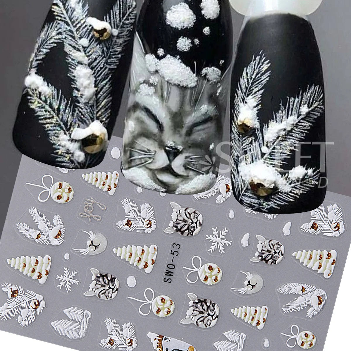 Christmas Nail Matte Decals – Xmas Tree, Bow & Cat Stickers 2pk Nail Art Stickers PLUSH