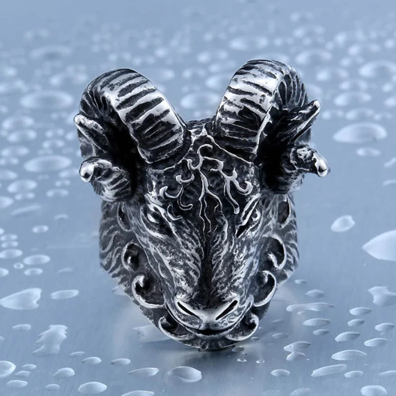 Vintage Aries Goat Head Punk Metal Ring for Men | Silver Men's Fashion Ring PLUSH Steel color