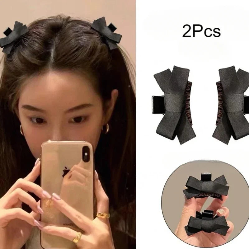 2Pcs Satin Bow Hair Claw Clips Black Red – Korean Style Bow Hair Clips PLUSH