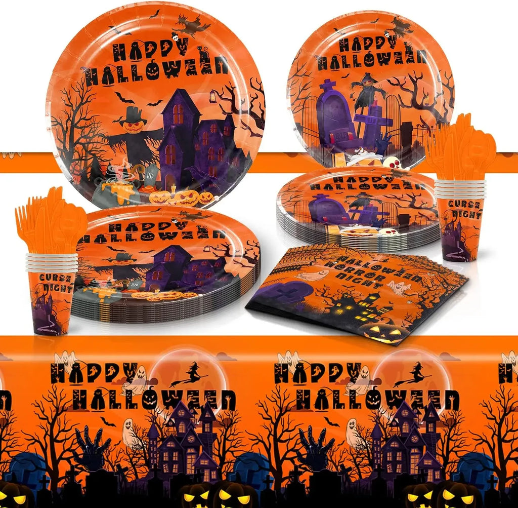 Halloween Party Tableware Set – Paper Plates & Tablecloth Kit Party Tableware Set PLUSH orange 1Set