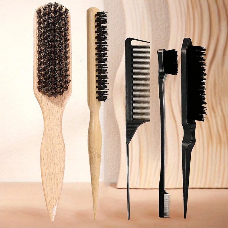 Boar Bristle Brush & Comb Set – Detangle & Smooth Hair Hair Brush Comb Set PLUSH 5pcs