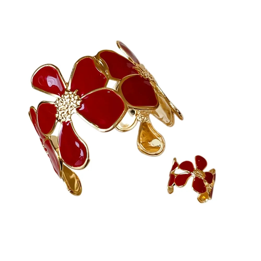 Floral Open Bangle & Ring Set – Vintage Women's Jewelry Jewelry Set PLUSH Red