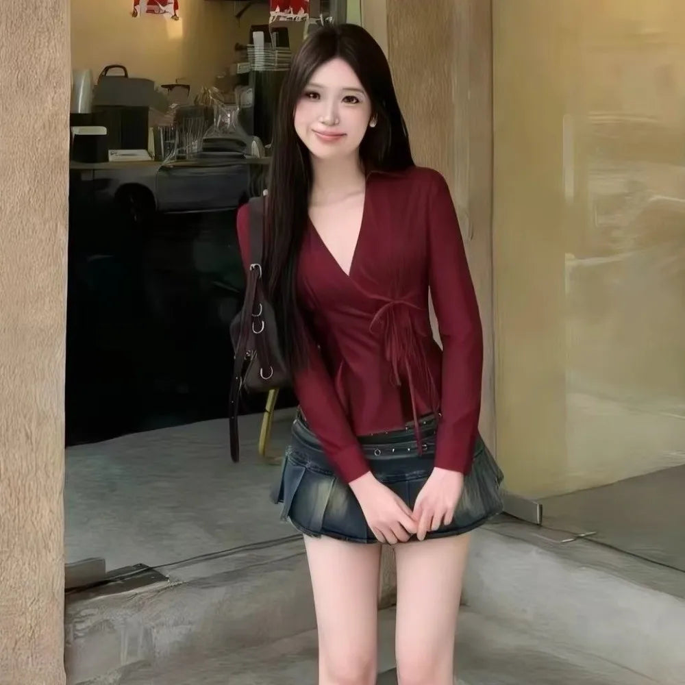 Women's Y2K V-Neck Tie-Waist Chiffon Blouse | Slim Fit Top Chiffon Blouse PLUSH