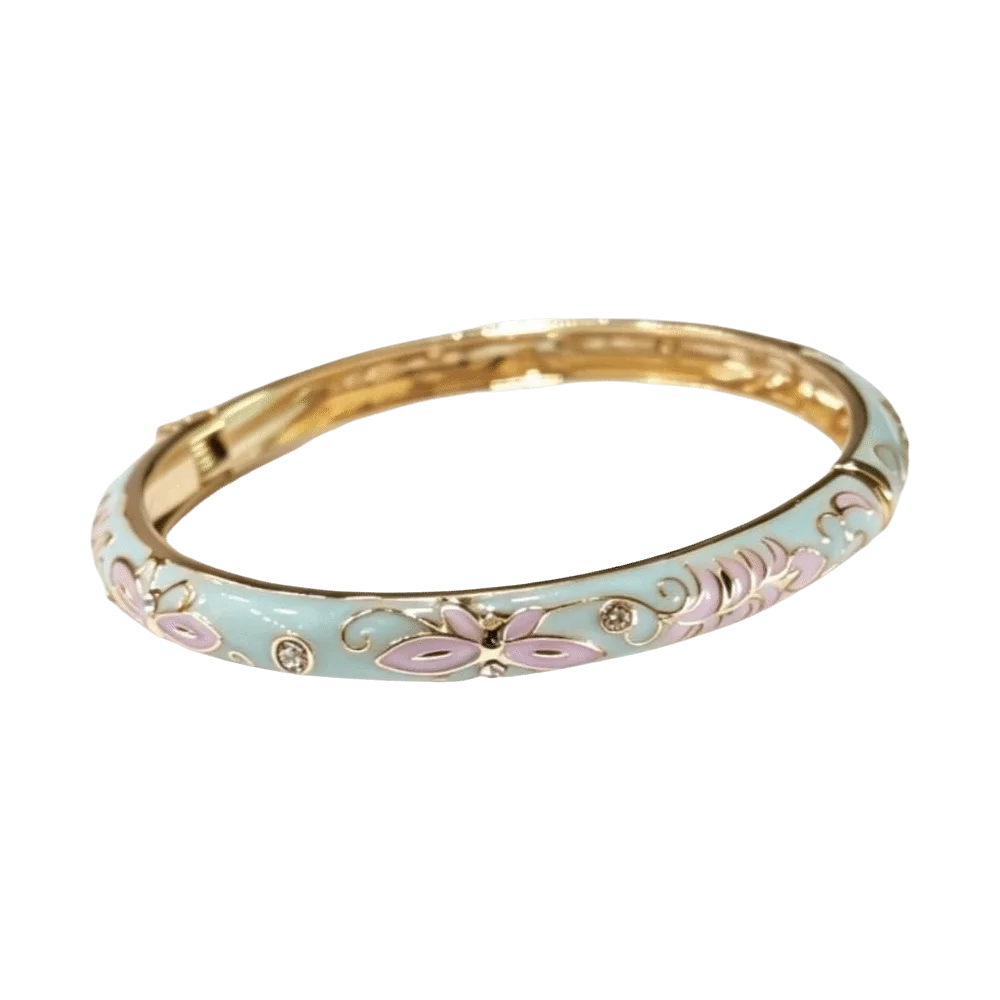 Vintage Cloisonne Enamel Bangle – Floral Butterfly Open Cuff Enamel Cuff Bangle PLUSH Blue