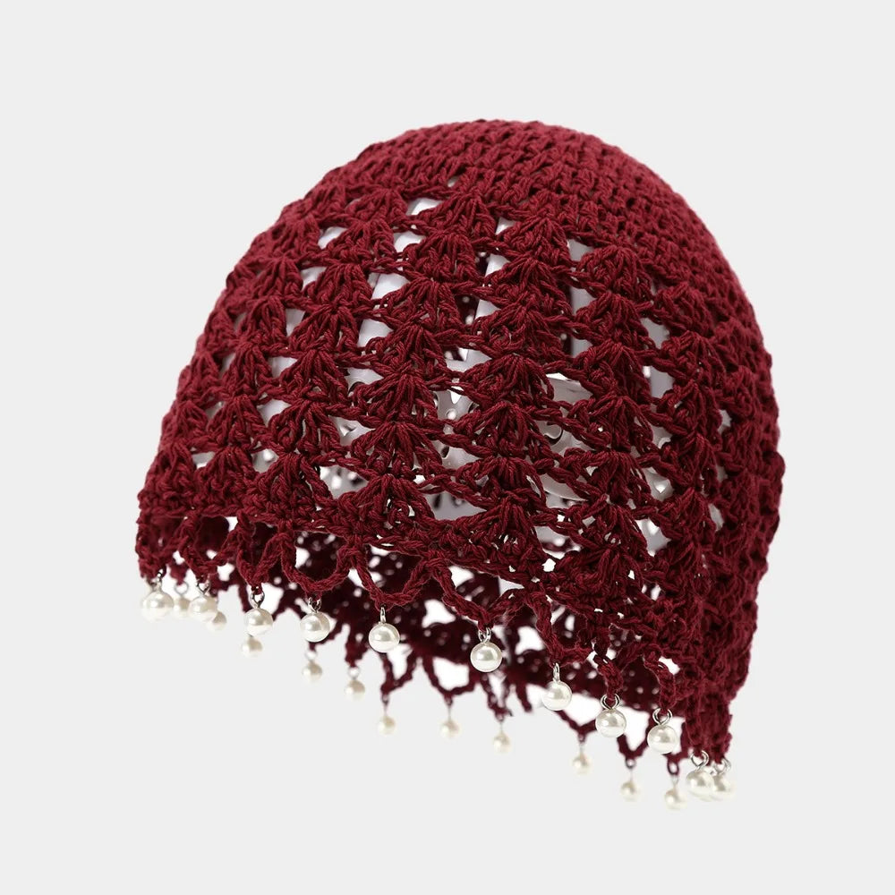 Bohemian Crochet Knitted Hat with Beads & Tassels Crochet Knitted Hat PLUSH Wine Red