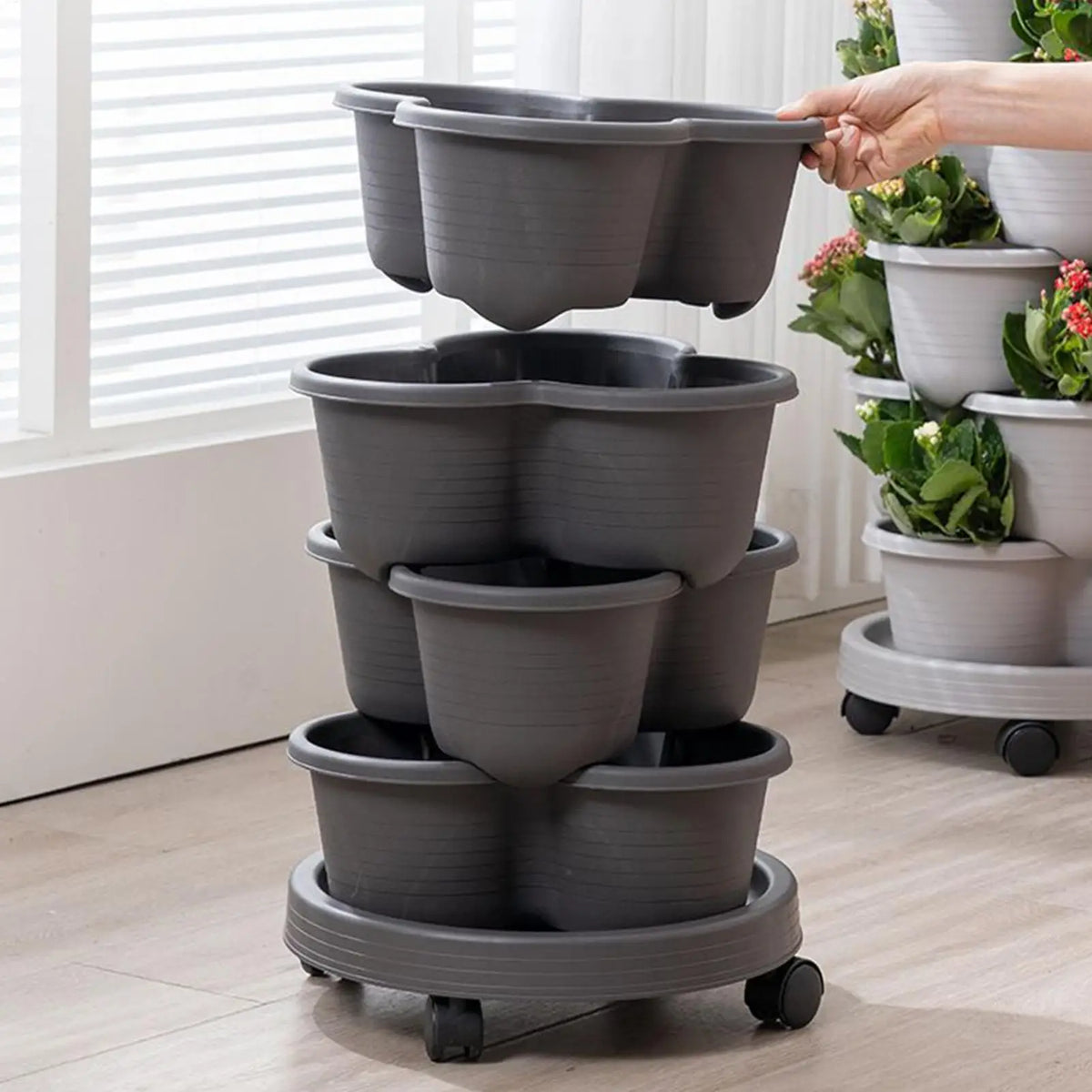 5-Tier Stackable Planter Tower with Wheels – 5pcs Gray Stackable Planter Tower PLUSH