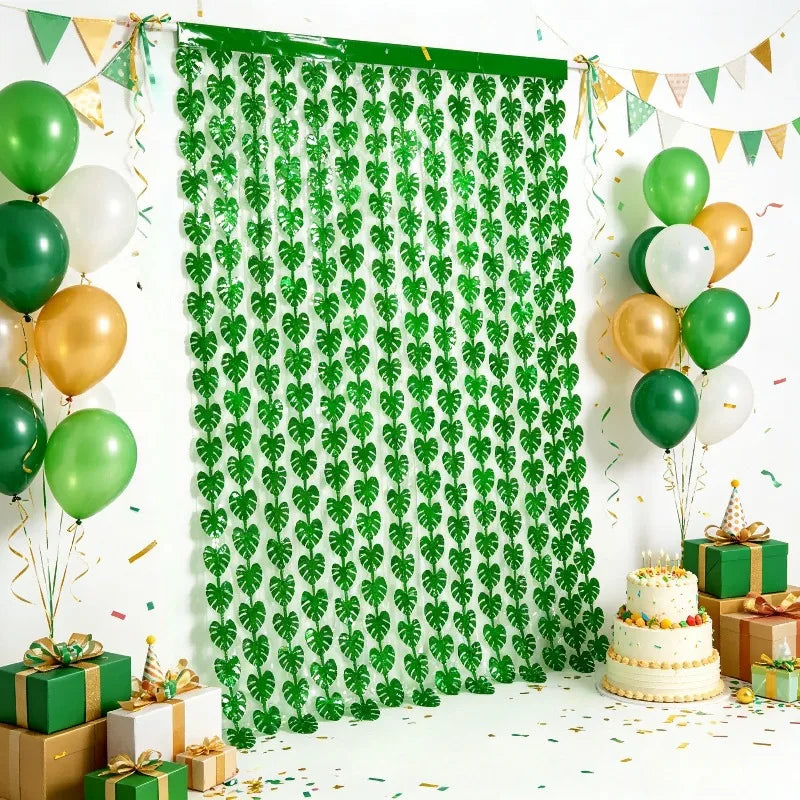 Jungle Leaf Foil Fringe Curtain – Tropical Party Backdrop Party Backdrop Curtain PLUSH