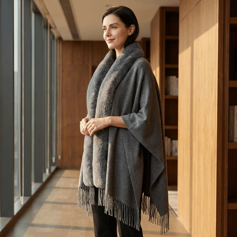 Women's Oversized Faux Fur Collar Shawl Wrap Cape Poncho Faux Fur Shawl Wrap PLUSH