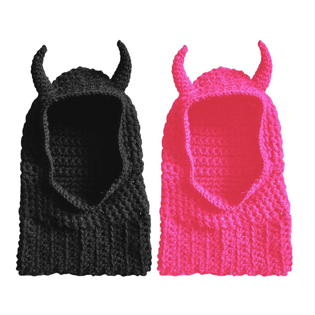 Devil Horn Knit Balaclava Mask | Halloween Beanie Cap Halloween Balaclava Mask PLUSH